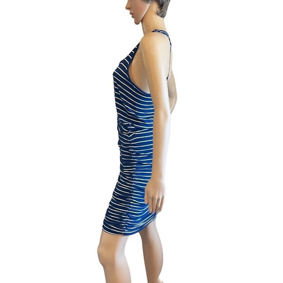 Athleta Striped Racerback Dress Size Small Navy Blue White Ruched Stretch Knit - Picture 12 of 12